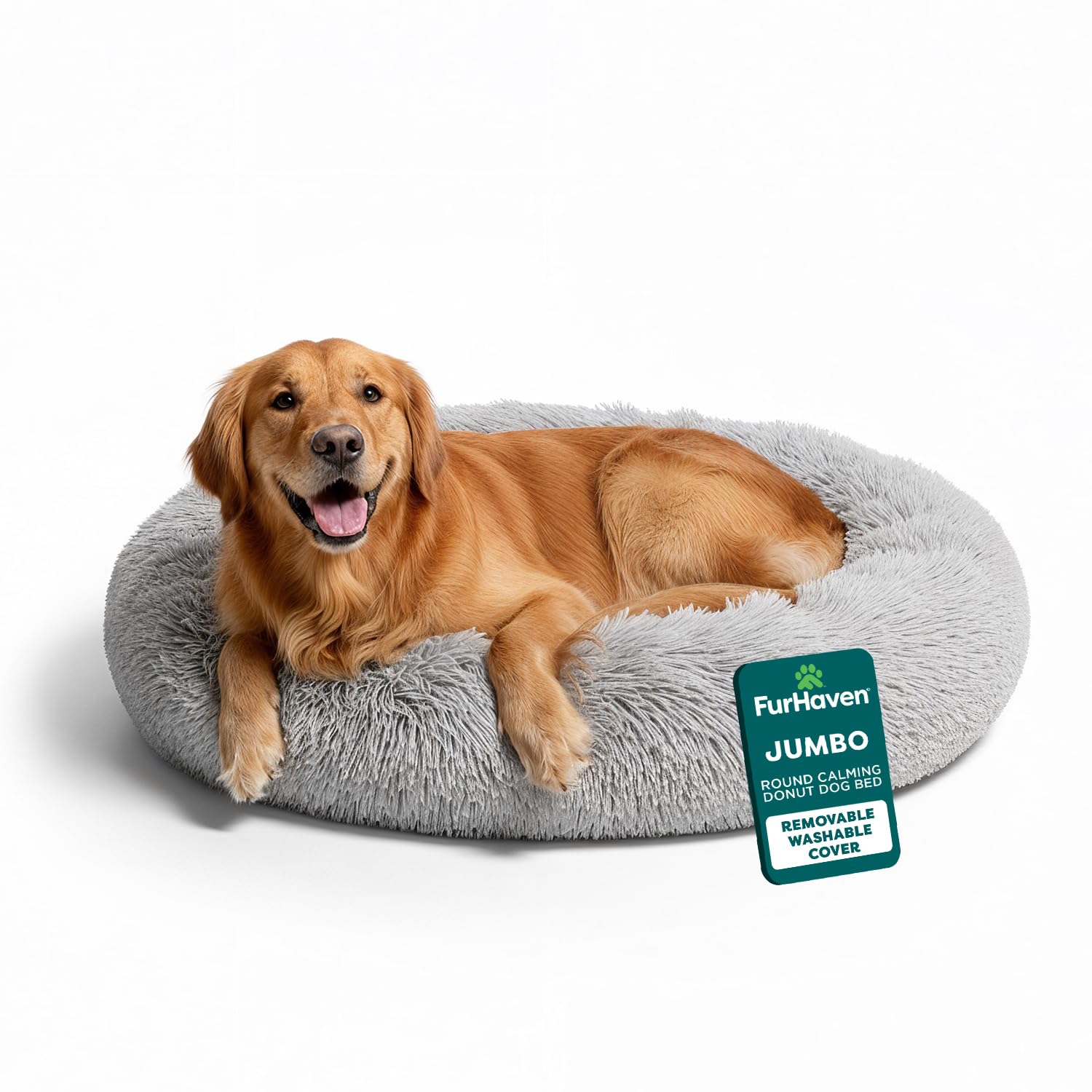 Cama FurHaven donut de 45 pulgadas con funda lavable para limpieza fácil.
