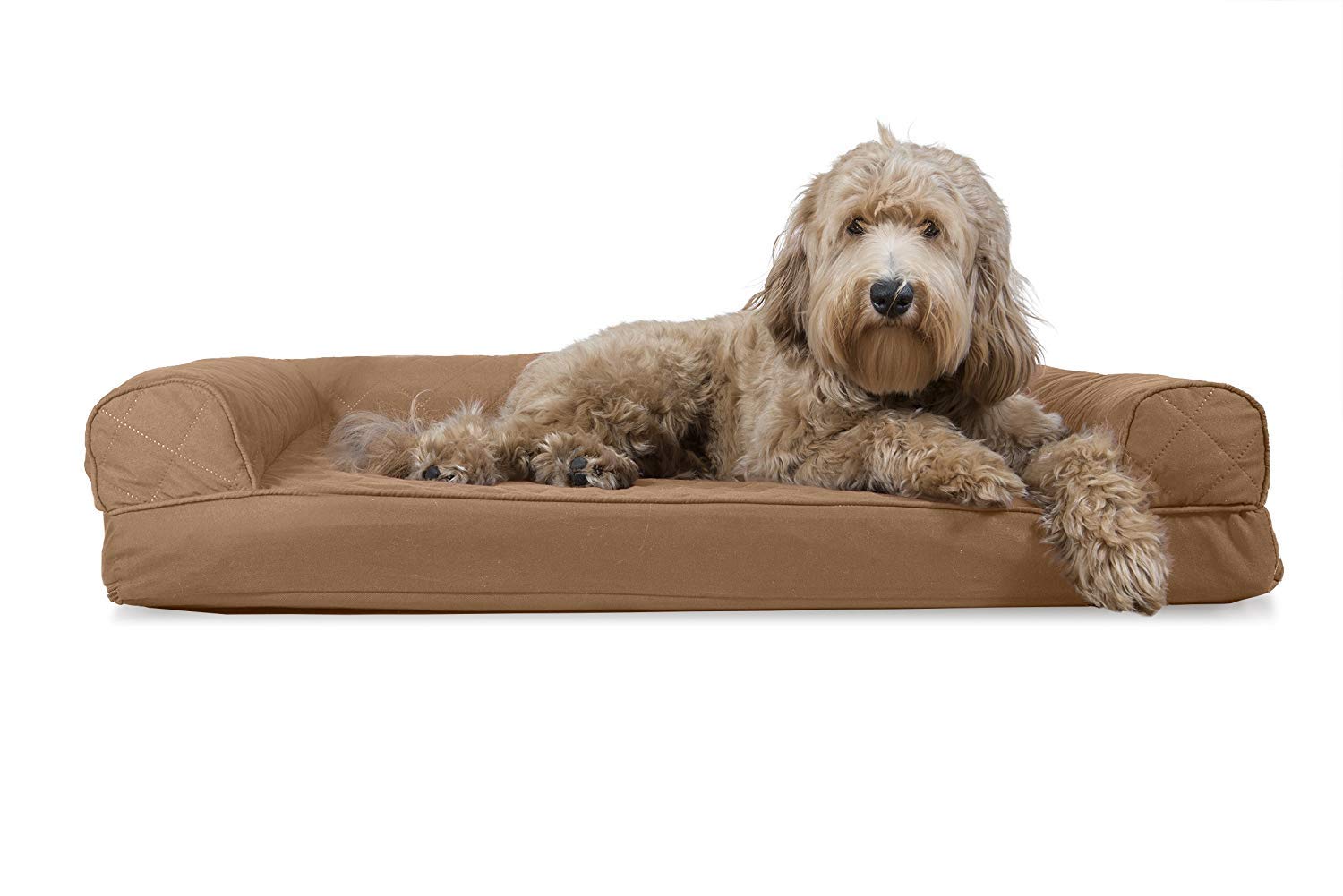 Cama Furhaven para perro en sofá marrón tostado, descanso cómodo.