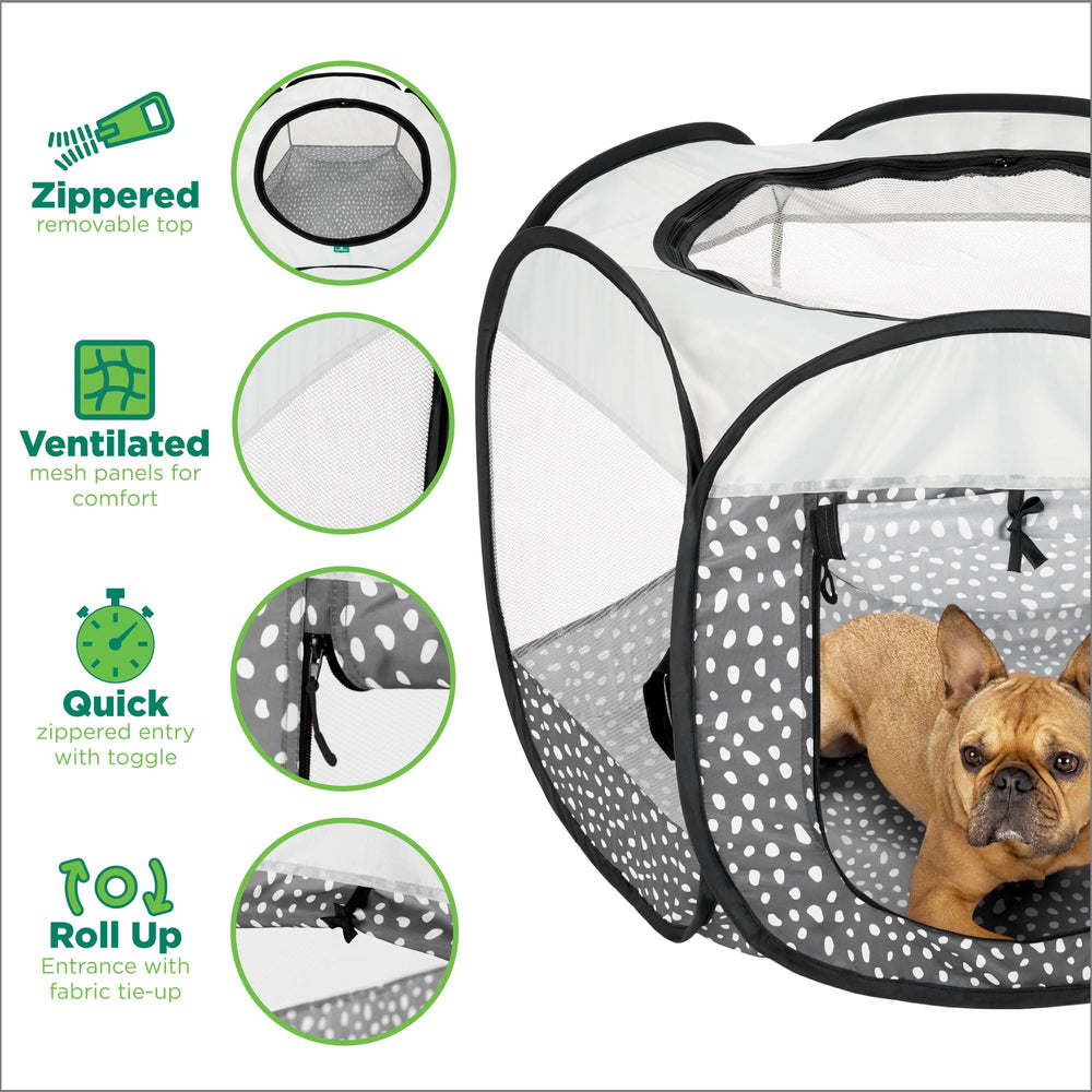Furhaven PlayPen entrada lateral con cremallera para ingreso cómodo.