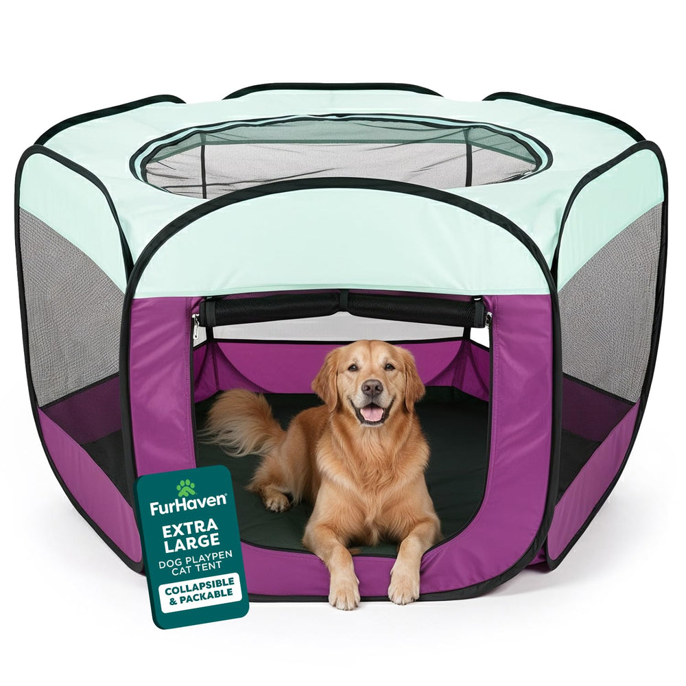 FurHaven Playpen portátil con malla 360° para visibilidad y ventilación constantes.