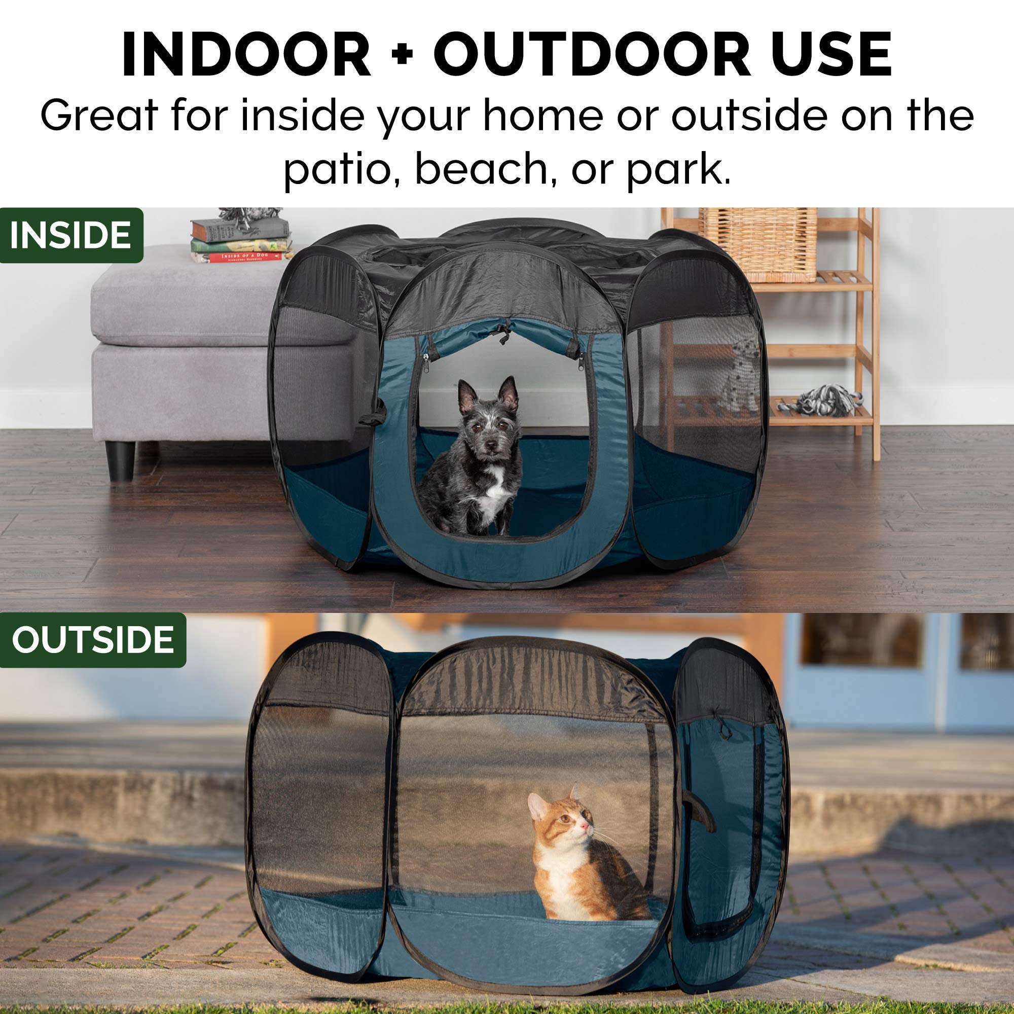 Furhaven Pop Up Playpen con estacas para sujeción en el suelo.