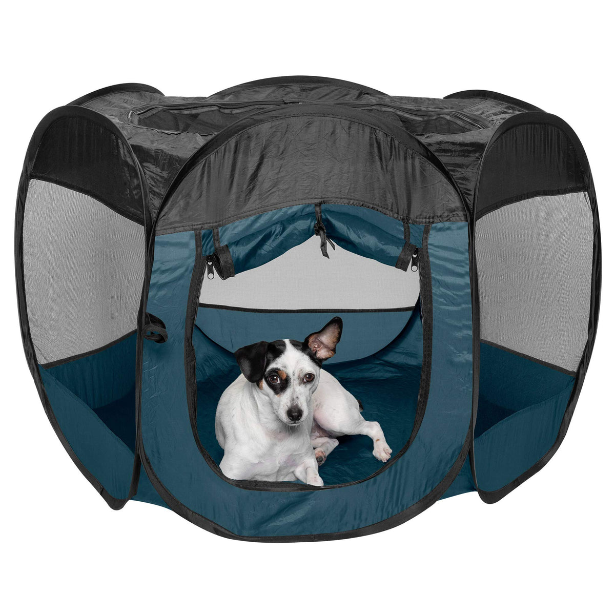 Furhaven Pop Up Playpen para mascotas Sailor Blue con entrada lateral para fácil acceso.