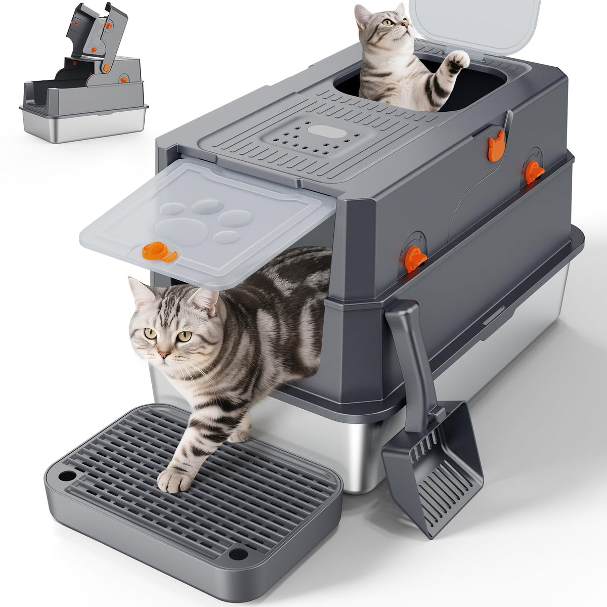 FURTIME caja de arena de acero con tapa y entrada frontal para limpieza rápida.