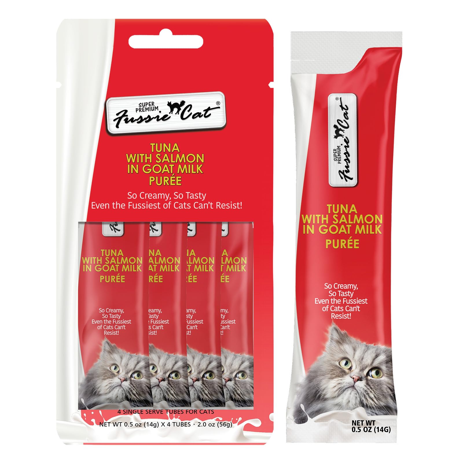 Fussie Cat: atún y salmón en puré de leche de cabra, sabor premium para gatos.