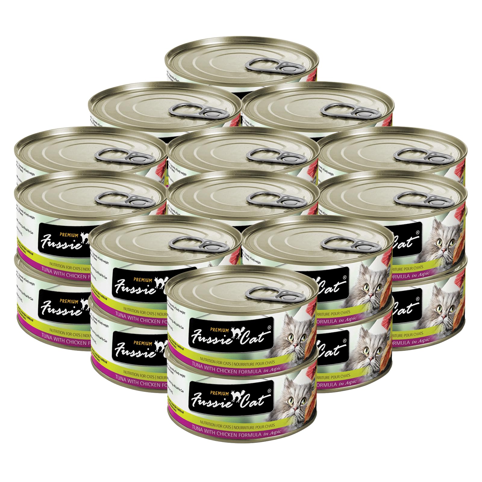 Fussie Cat caja-24-latas-atún-pollo-aspic: conveniencia para alimentación diaria.