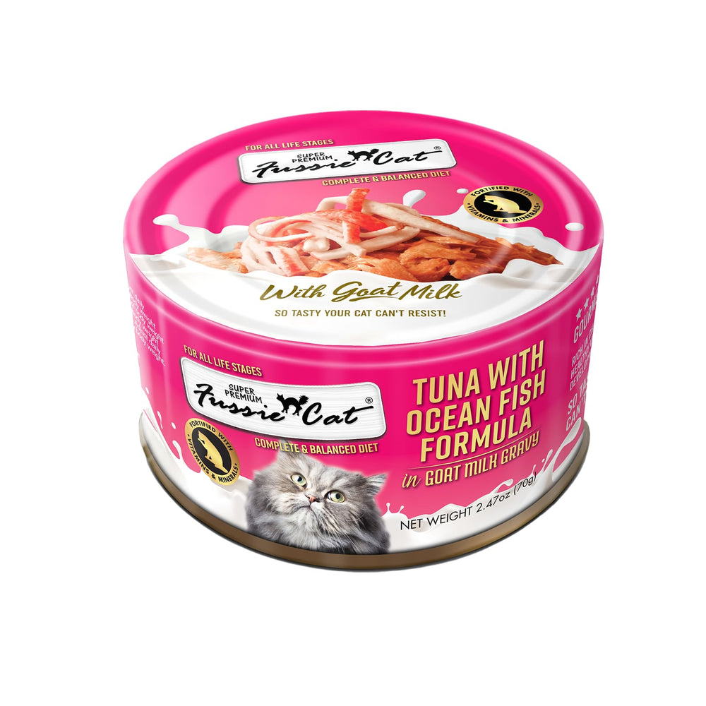 Fussie Cat: lata de atún y pescado oceánico con leche de cabra, sabor sabroso.