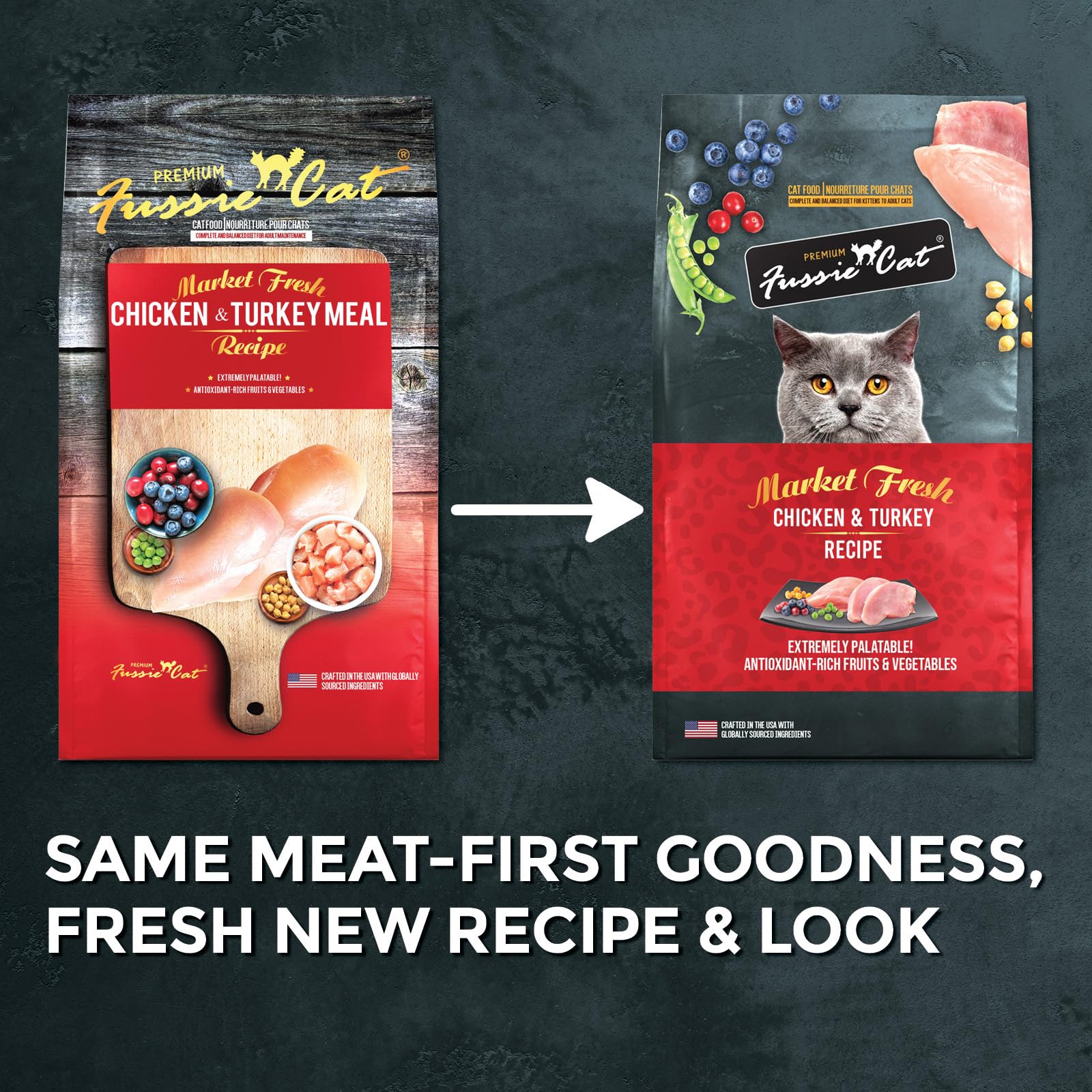 Fussie Cat Market Fresh: croquetas secas para gatos con sabor a pollo y pavo.