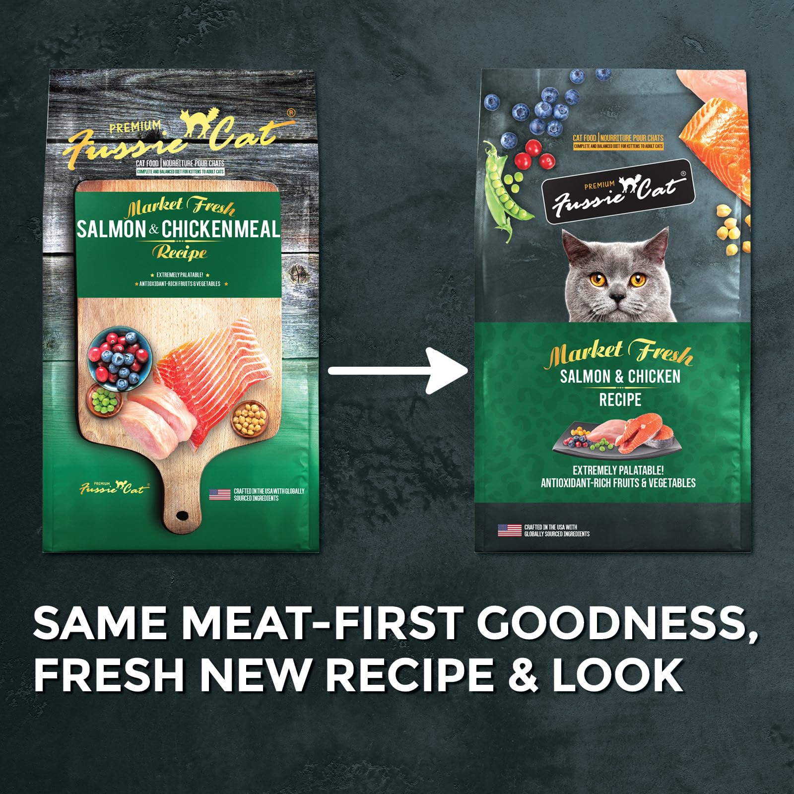 Fussie Cat Market Fresh, ingredientes frescos de salmón y pollo para una nutrición sabrosa