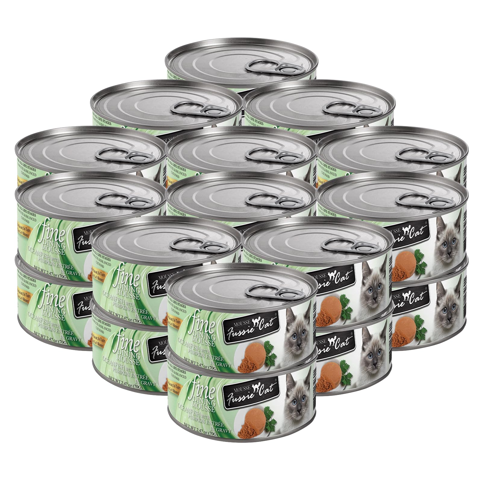 Fussie Cat Mousse Oceanfish con Calabaza en lata, textura sedosa para gatos exigentes.