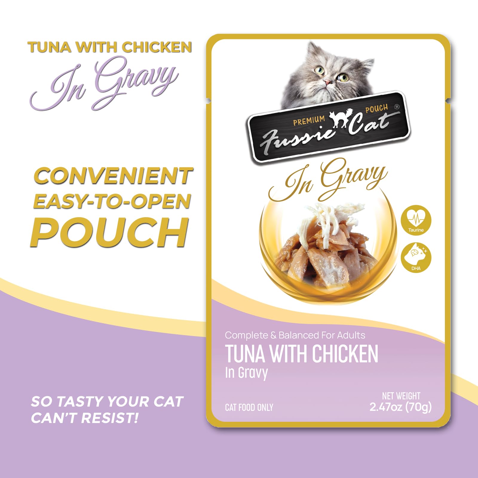 Fussie Cat Omega-3 Atún con Pollo en Salsa, favorece la hidratación diaria.