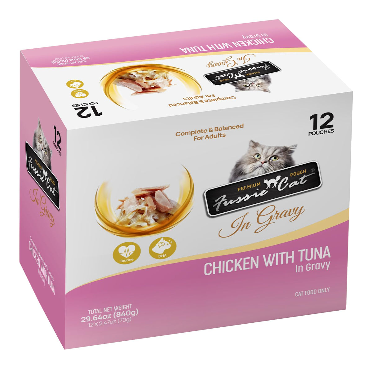 Fussie Cat bolsas de pollo con atún en salsa, conveniente para comidas diarias.