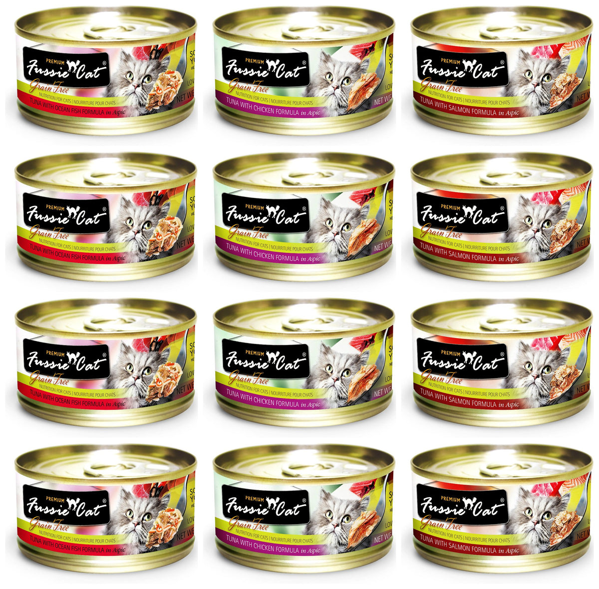 Fussie Cat lata premium sin granos con atún y pollo, sabor rico para gatos.