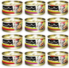 Fussie Cat lata premium sin granos con atún y pollo, sabor rico para gatos.