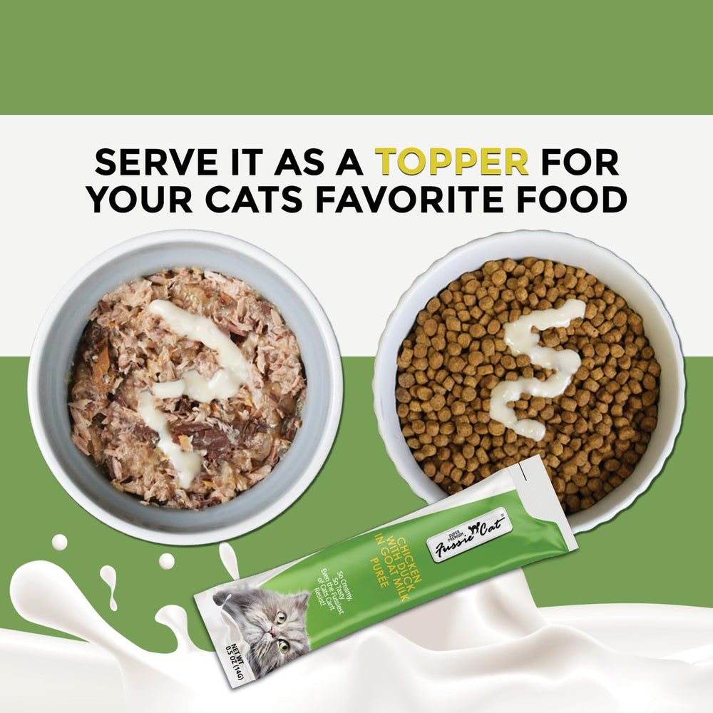 Fussie Cat puré de leche de cabra, textura cremosa para premio sabroso