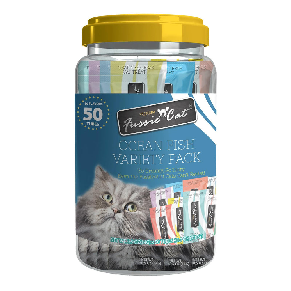 Fussie Cat Puree en tubo de 50 unidades, fácil de servir como snack diario.