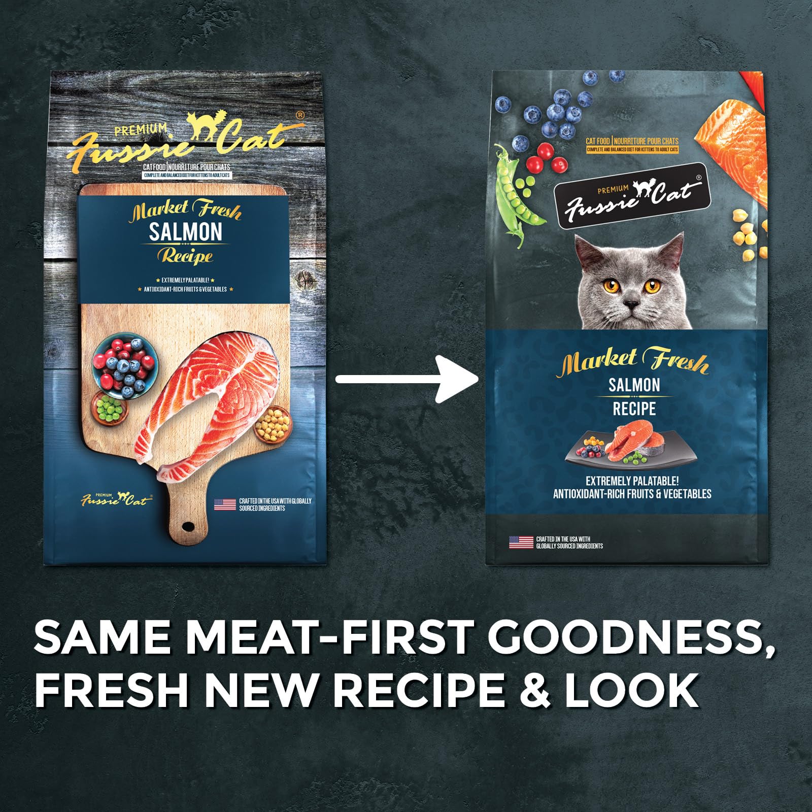 Kibble crujiente de Fussie Cat Mercado Fresco Salmón para una experiencia de comer más agradable.