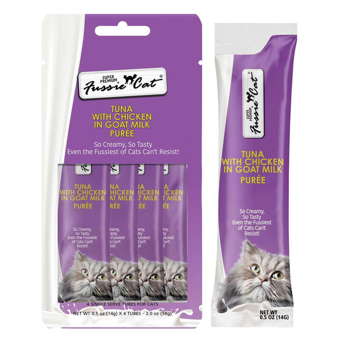 Fussie Cat: trozos-atún-pollo-puré-leche-cabra, sabor premium para gatos