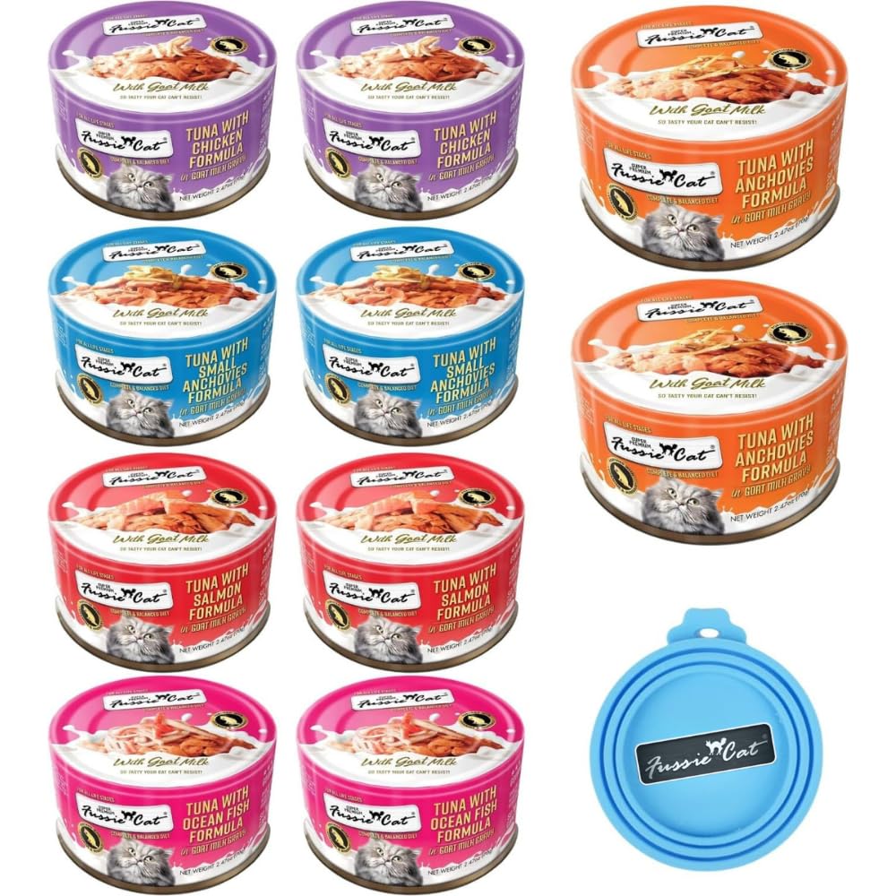 Fussie Cat variedad de sabores en latas 2.47 oz para rotar la dieta.