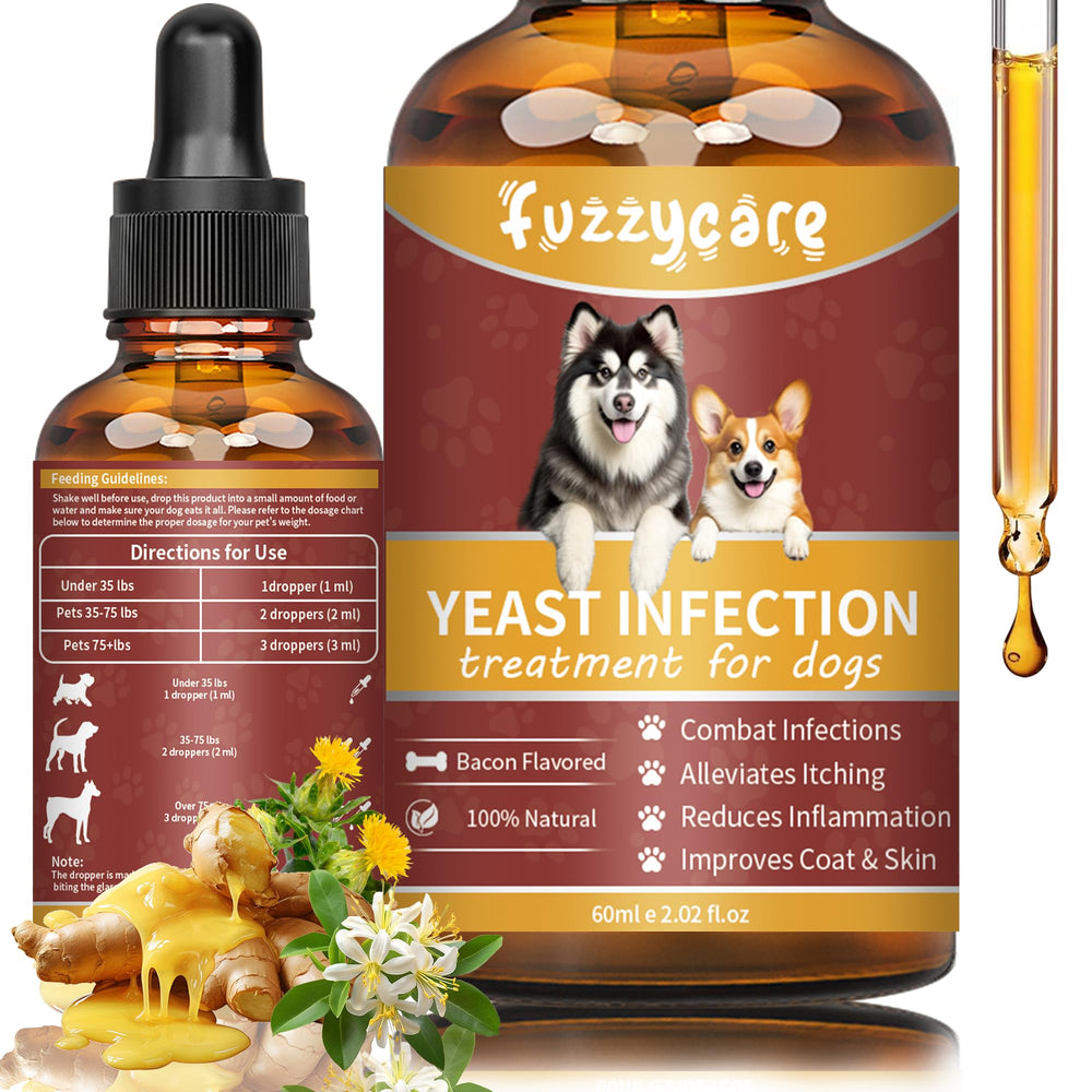 La botella de gotas de Fuzzycare para tratamiento natural de levadura en perros.