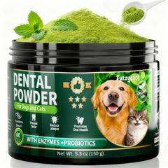 Fuzzycare polvo dental para perros en botella, cuidado bucal diario.