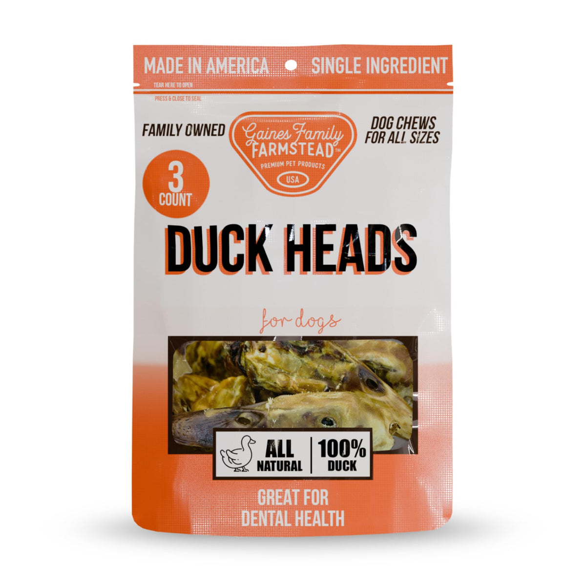 Gaines Family Farmstead Cabezas de pato deshidratadas: snack proteico para perros activos
