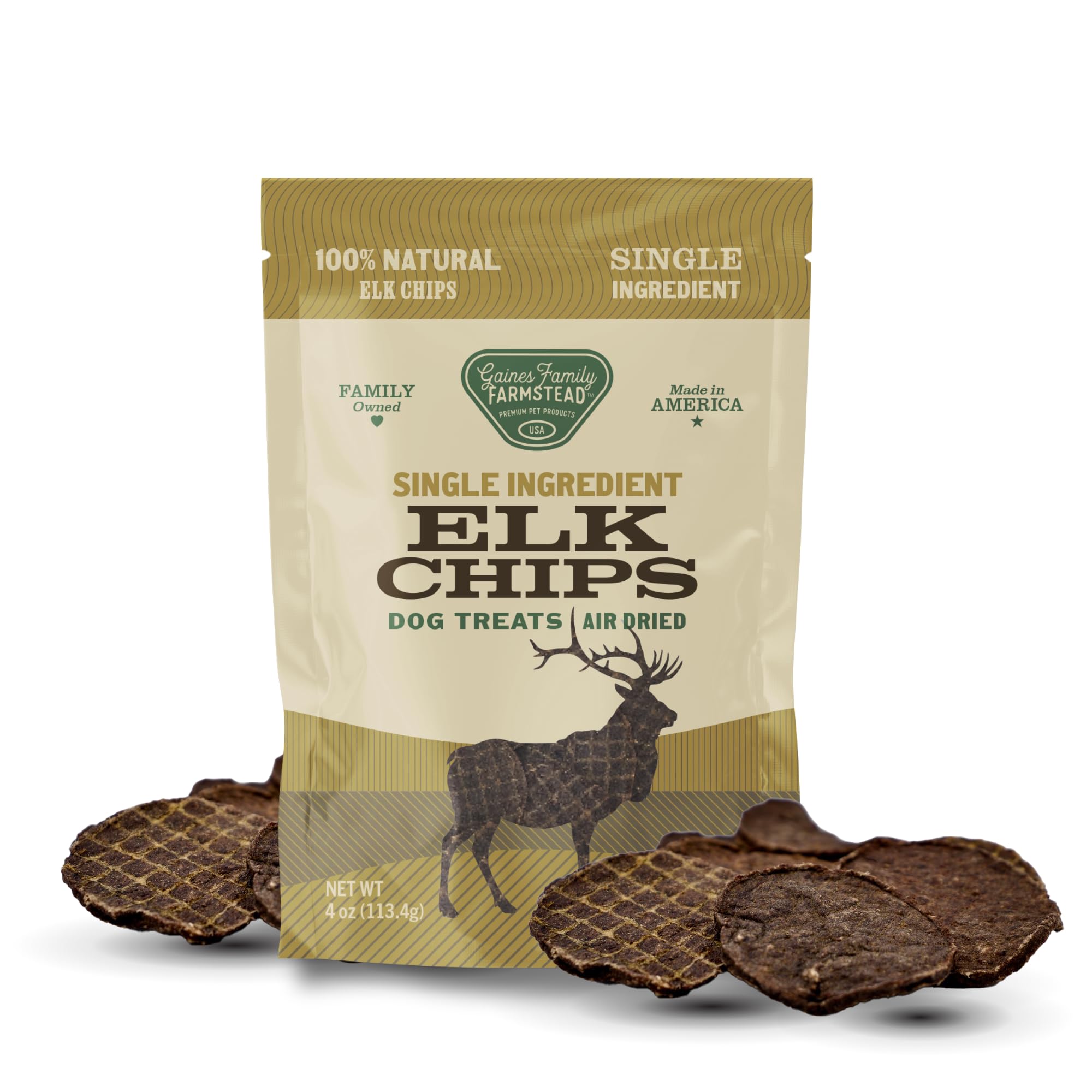 gaines family farmstead elk chips para perros, snack proteico para entrenamiento.