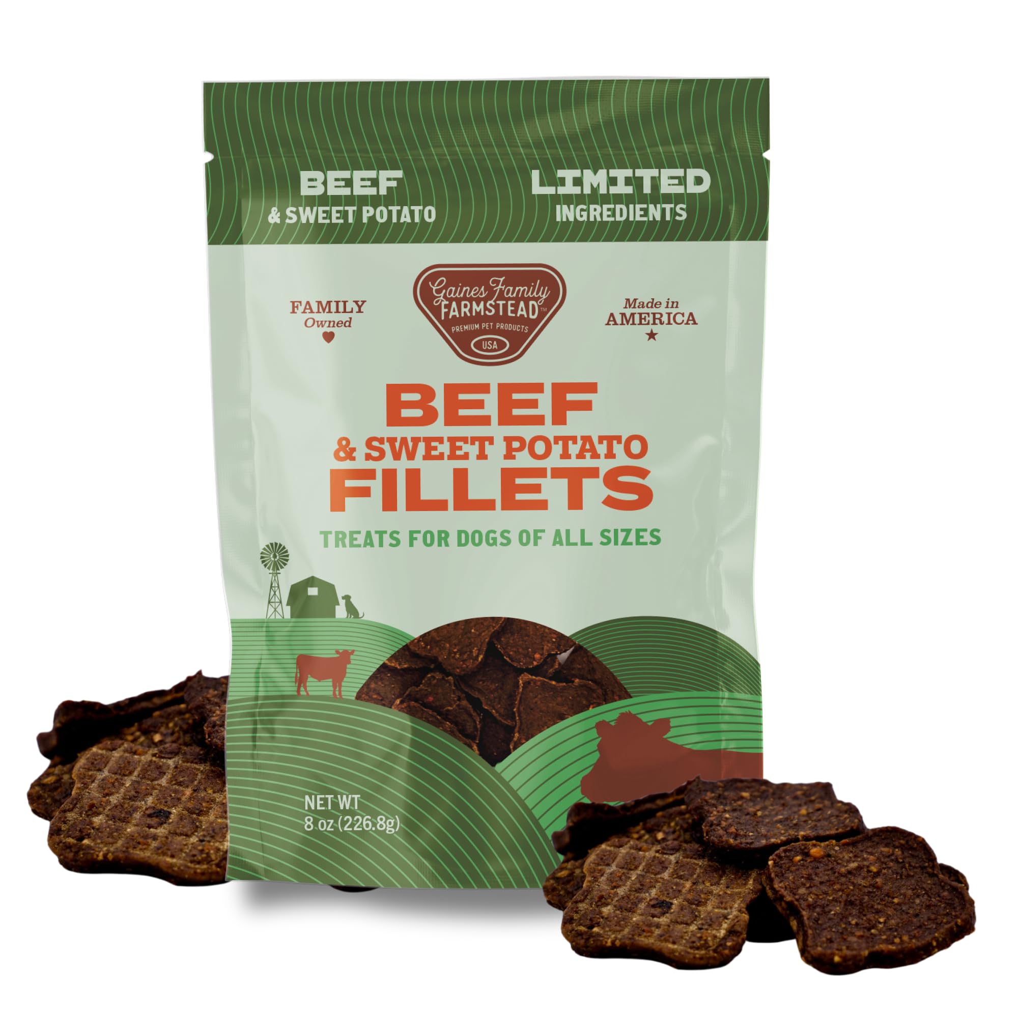 Gaines Family Farmstead filetes ternera batata en empaque, premio sabroso para perros