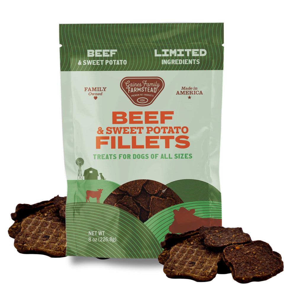 Gaines Family Farmstead filetes ternera batata en empaque, premio sabroso para perros
