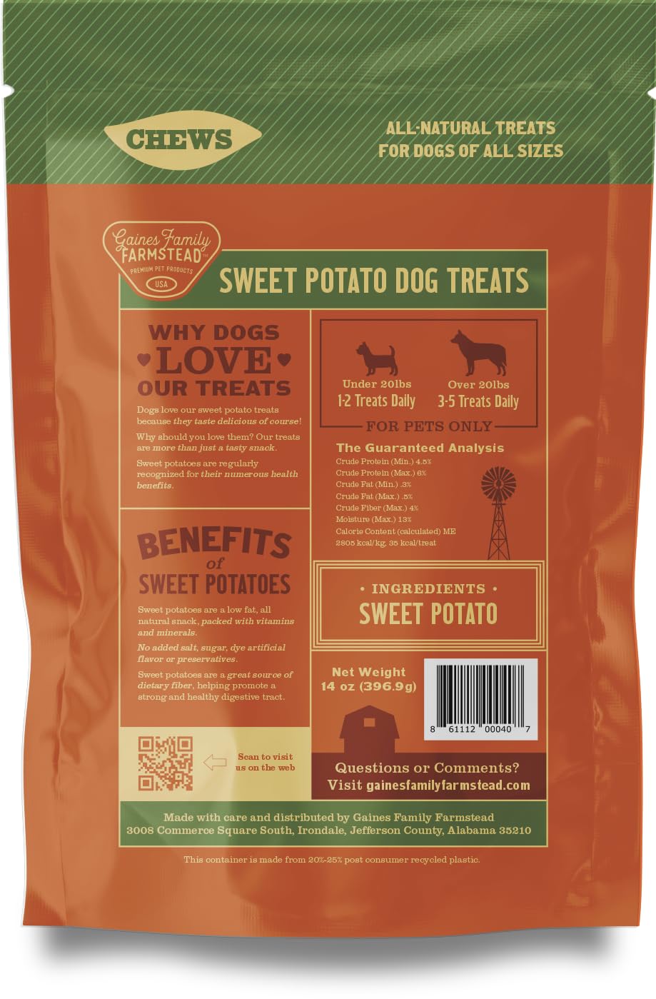 Envase de 32 oz Gaines Family Farmstead; snack duradero para perros.