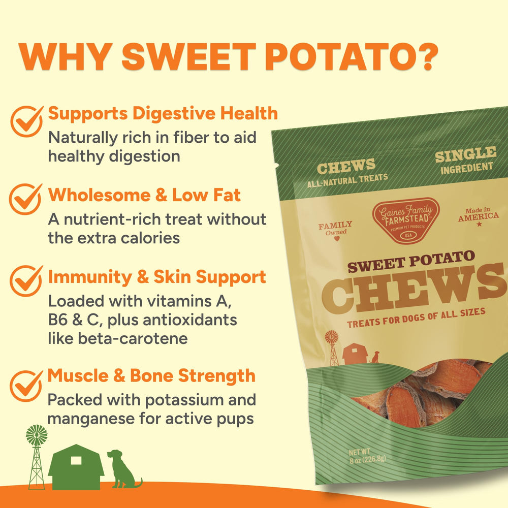 Gaines Family Farmstead Sweet Potato Chews textura densa para masticación