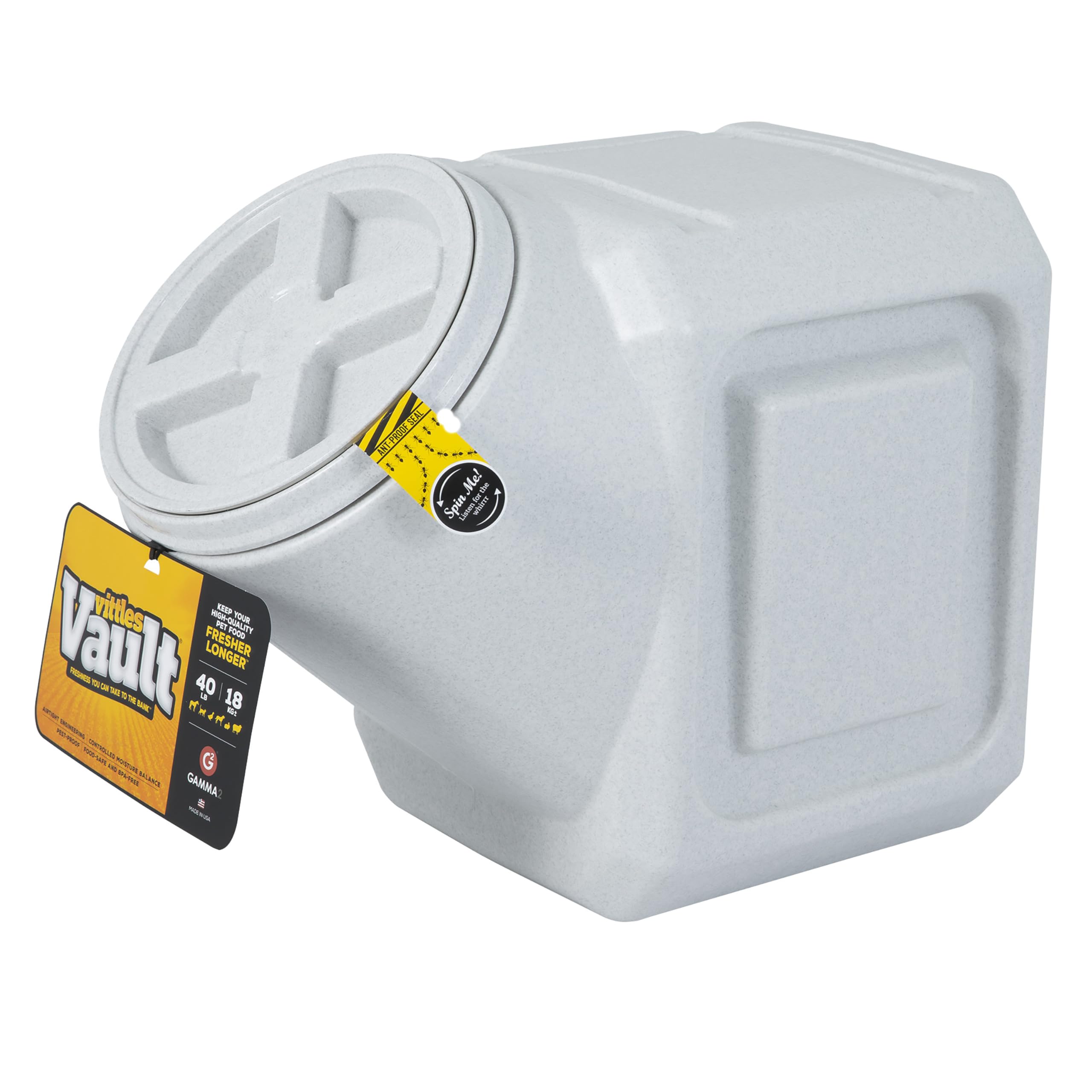 Gamma2 Vittles Vault Outback, frente del contenedor, mantiene la comida de mascotas fresca.