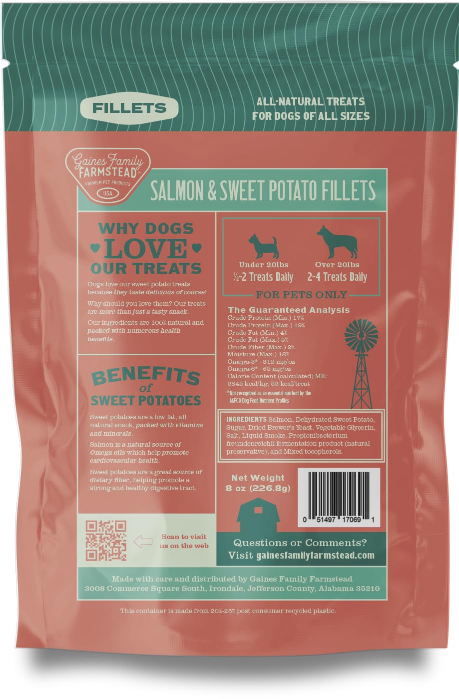 Gaines Family Farmstead filetes salmon patata dulce para perros, premio delicioso para entrenamientos.