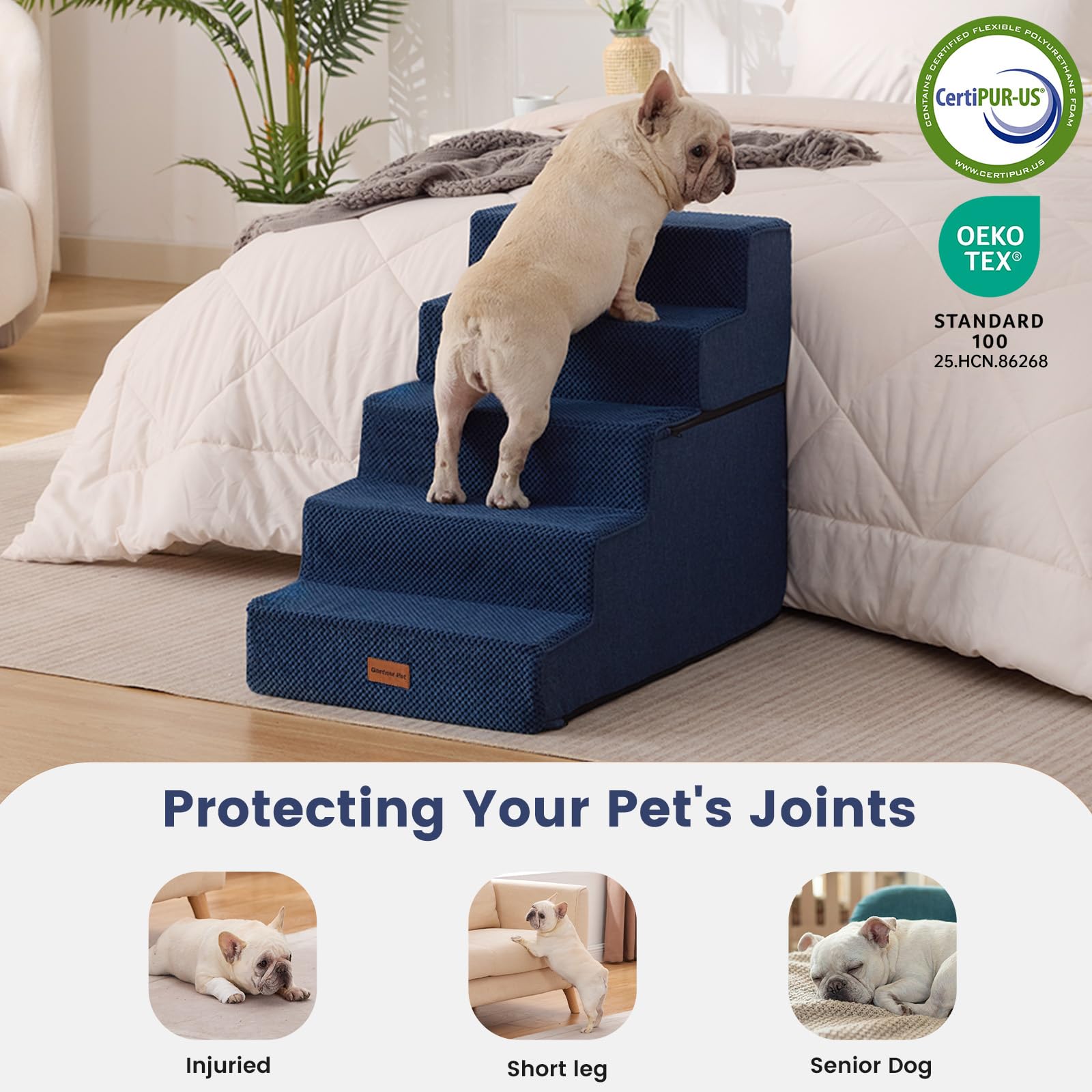 Gardner Pet escalera plegable que se transforma en cama suave para descanso.