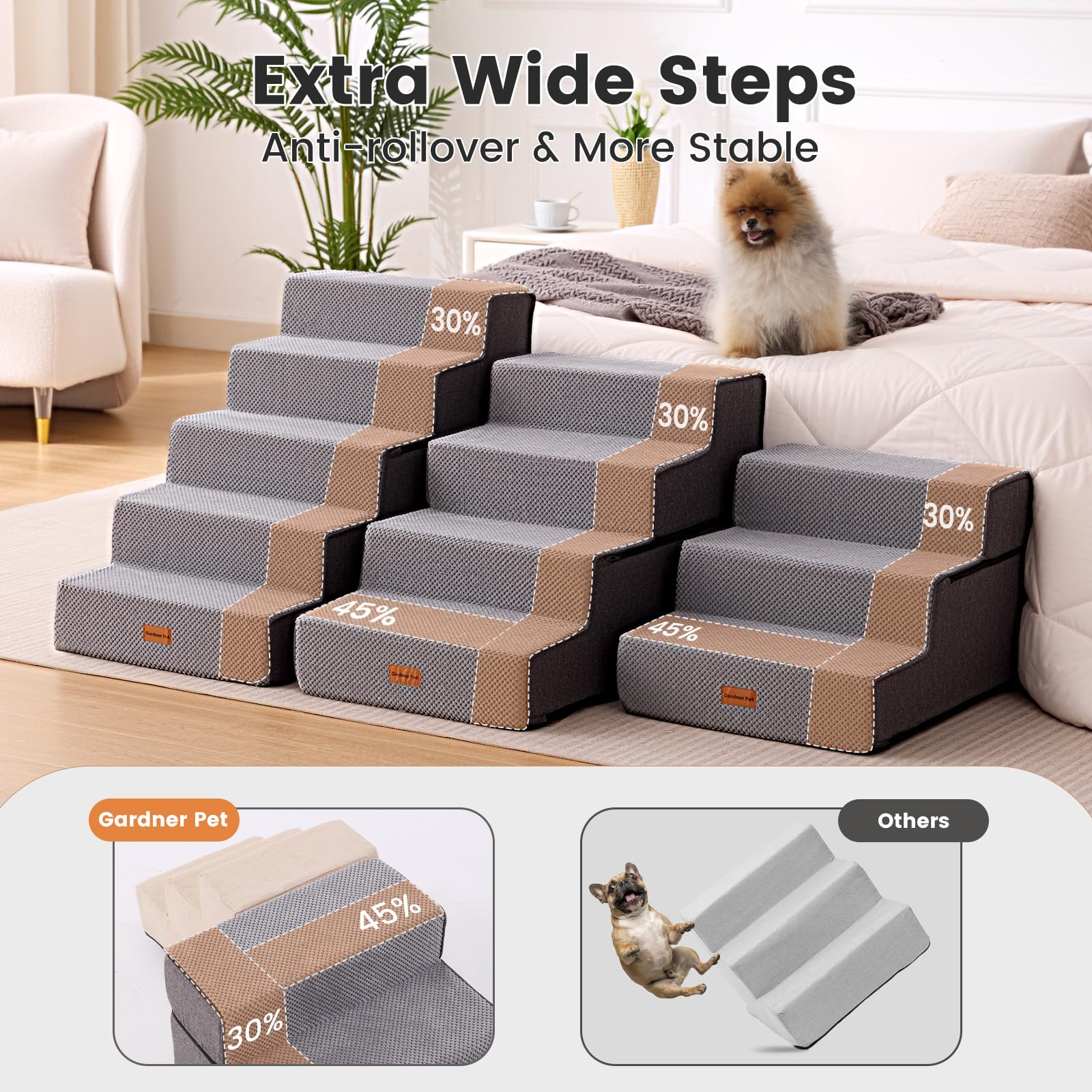Escalera Gardner Pet para cama y sofá, pasos anchos para subir con facilidad