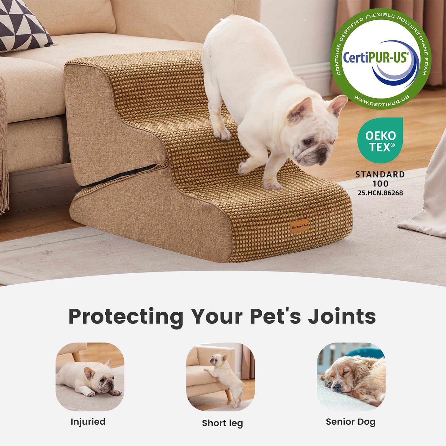 Gardner Pet base antideslizante brinda agarre estable al subir las escaleras.