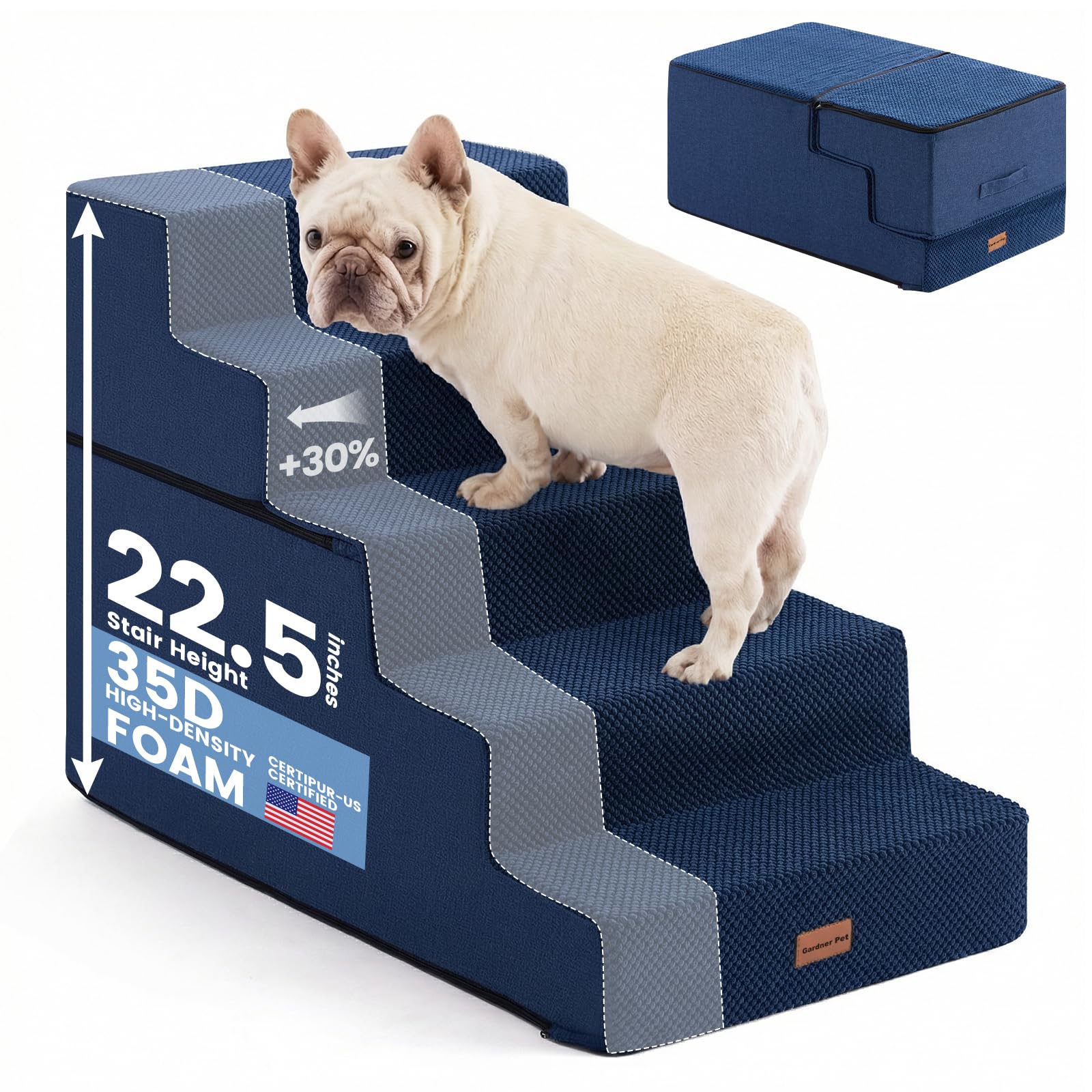 Gardner Pet escalera para perros pequeños en azul marino, vista frontal, facilita acceso seguro al sofá.