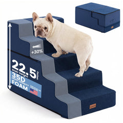 Gardner Pet escalera para perros pequeños en azul marino, vista frontal, facilita acceso seguro al sofá.