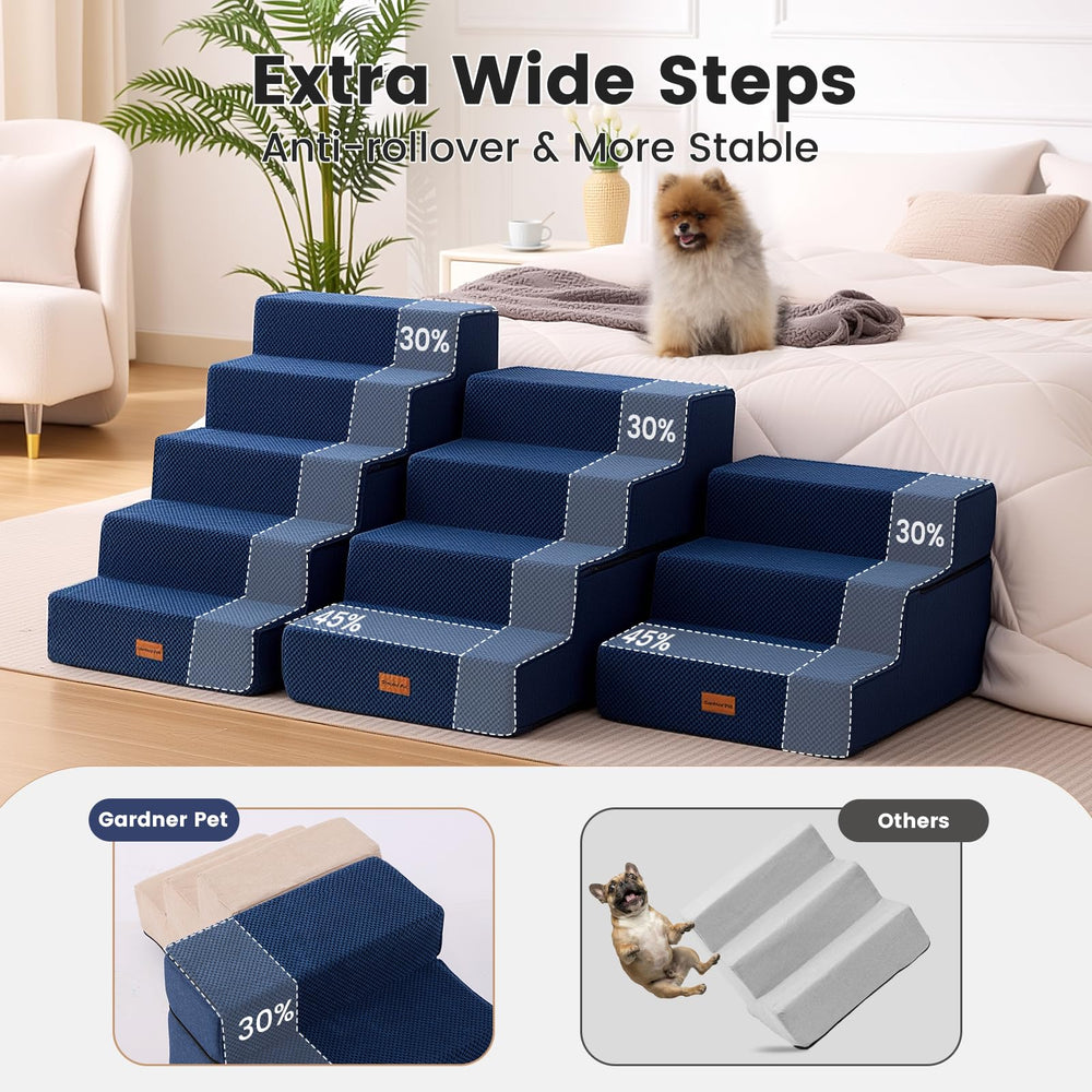 Gardner Pet escalera azul marino, vista lateral, mejora estabilidad al subir a la cama.