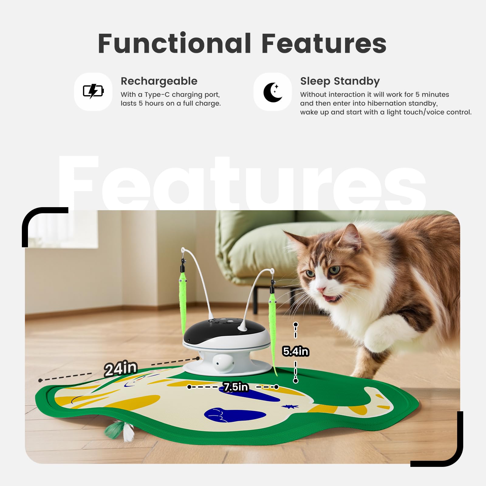 Gardner Pet Juguete Gatos: diseño recargable con indicadores de batería.