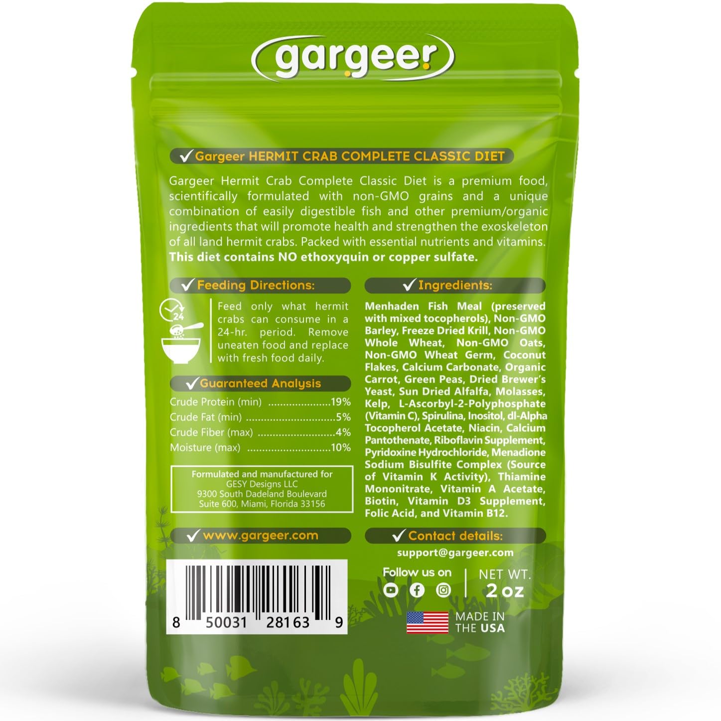 Gargeer dieta completa, granos premium para nutrición diaria de cangrejos ermitaños