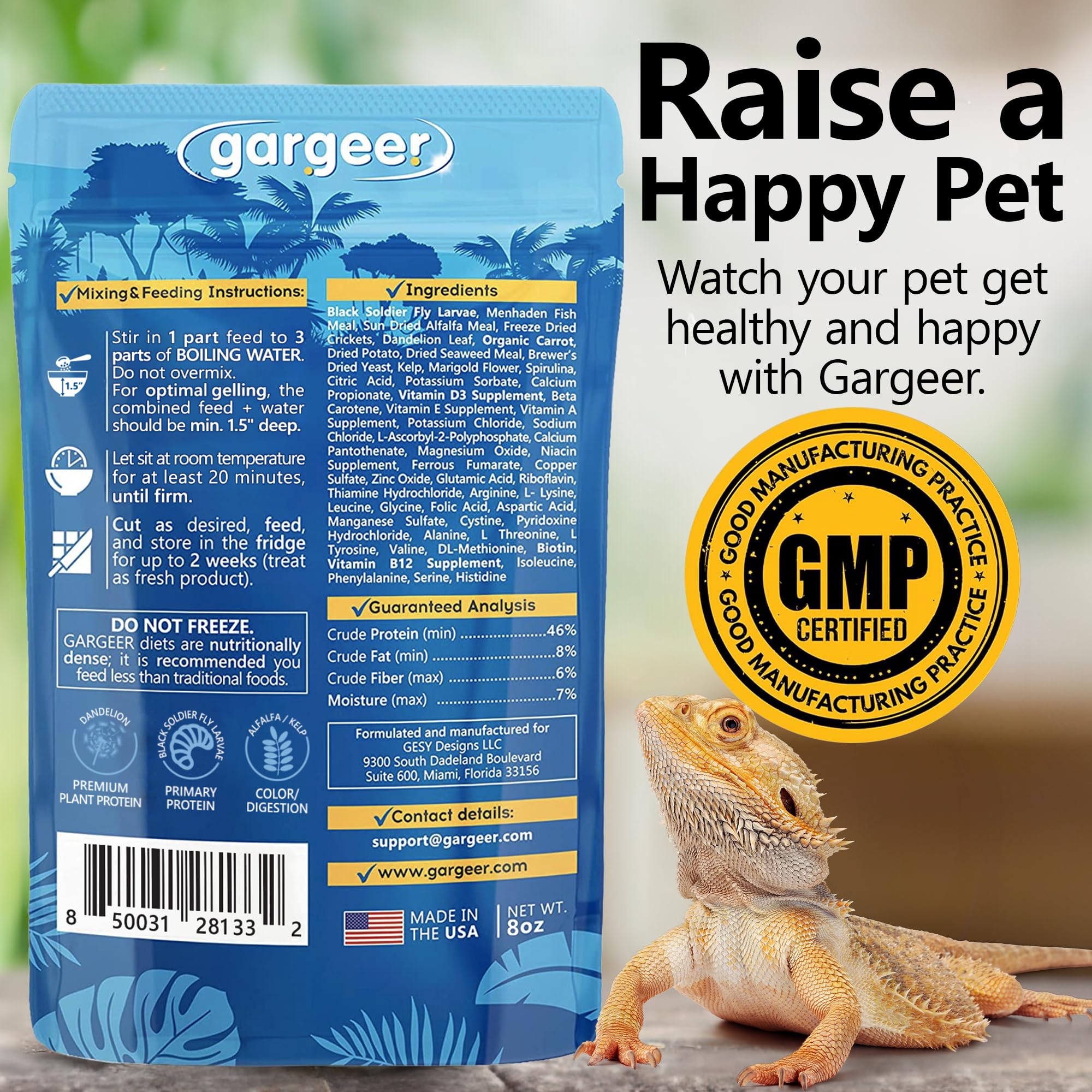 Gargeer dieta gel completa para juveniles y adultos, nutrición balanceada para reptiles.
