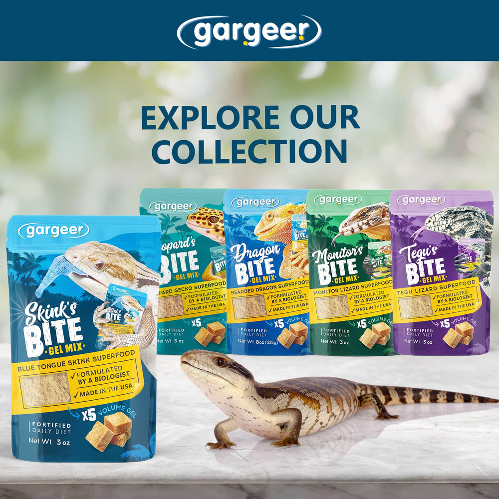 Envase de dieta completa Gargeer para Blue Tongue Skink en casa.