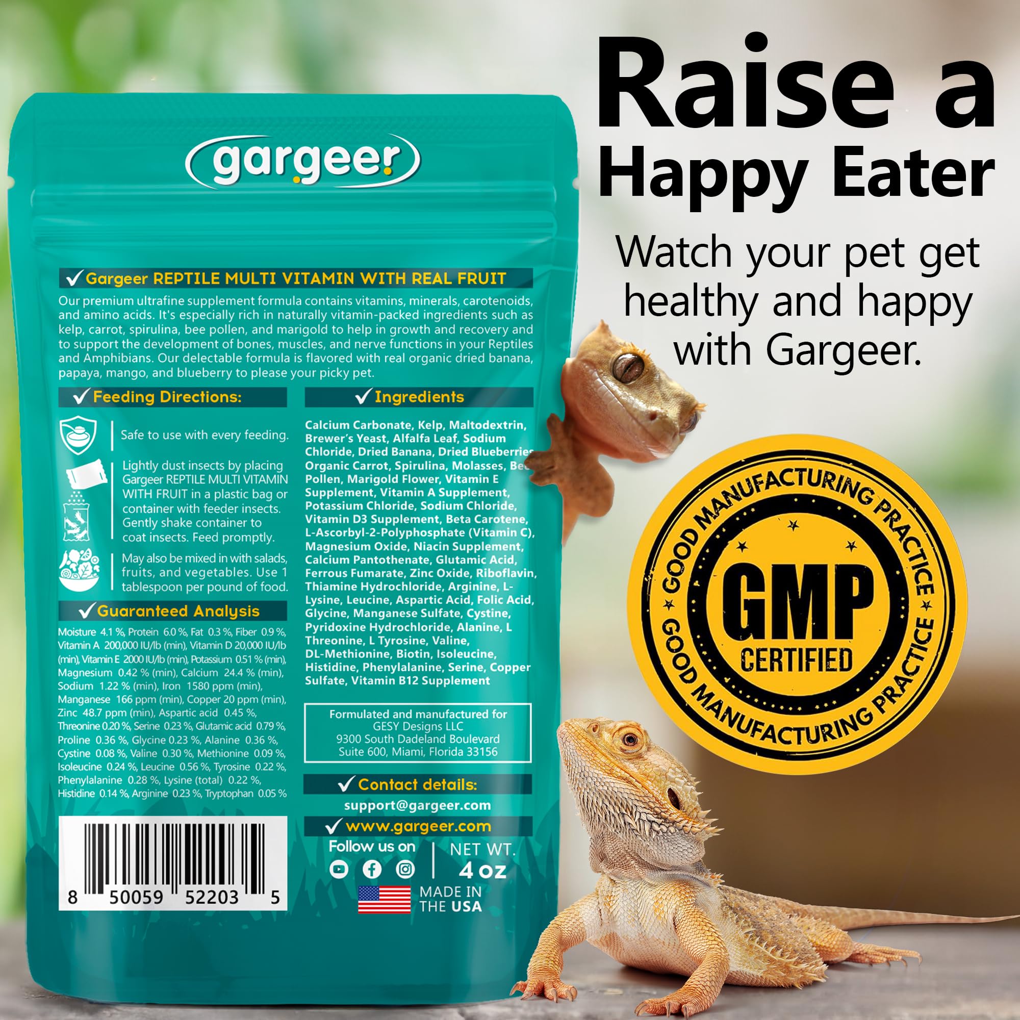 Gargeer multivitamínico fruta, mezcla de ingredientes naturales para vitalidad del reptil.