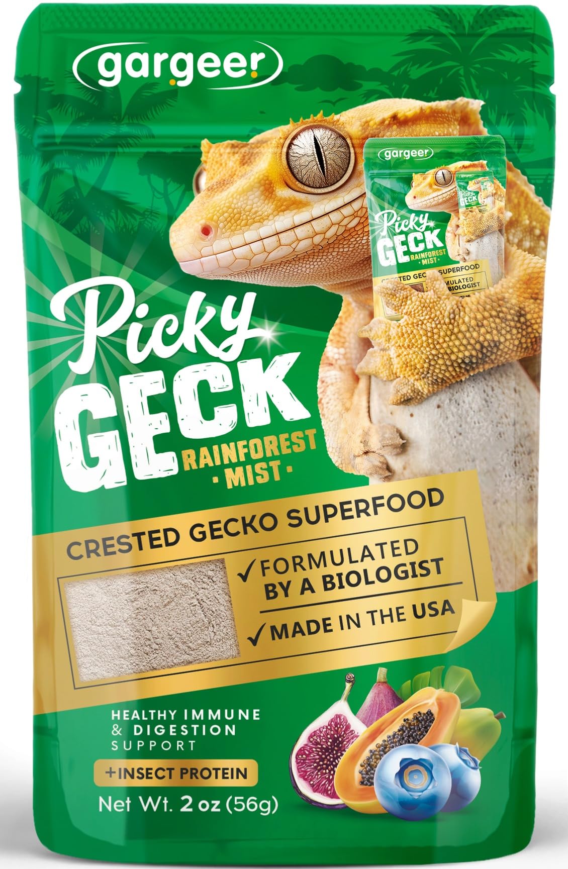 Gargeer Picky Geck Rainforest Mist en tazón, sabor tropical para apoyar la digestión.