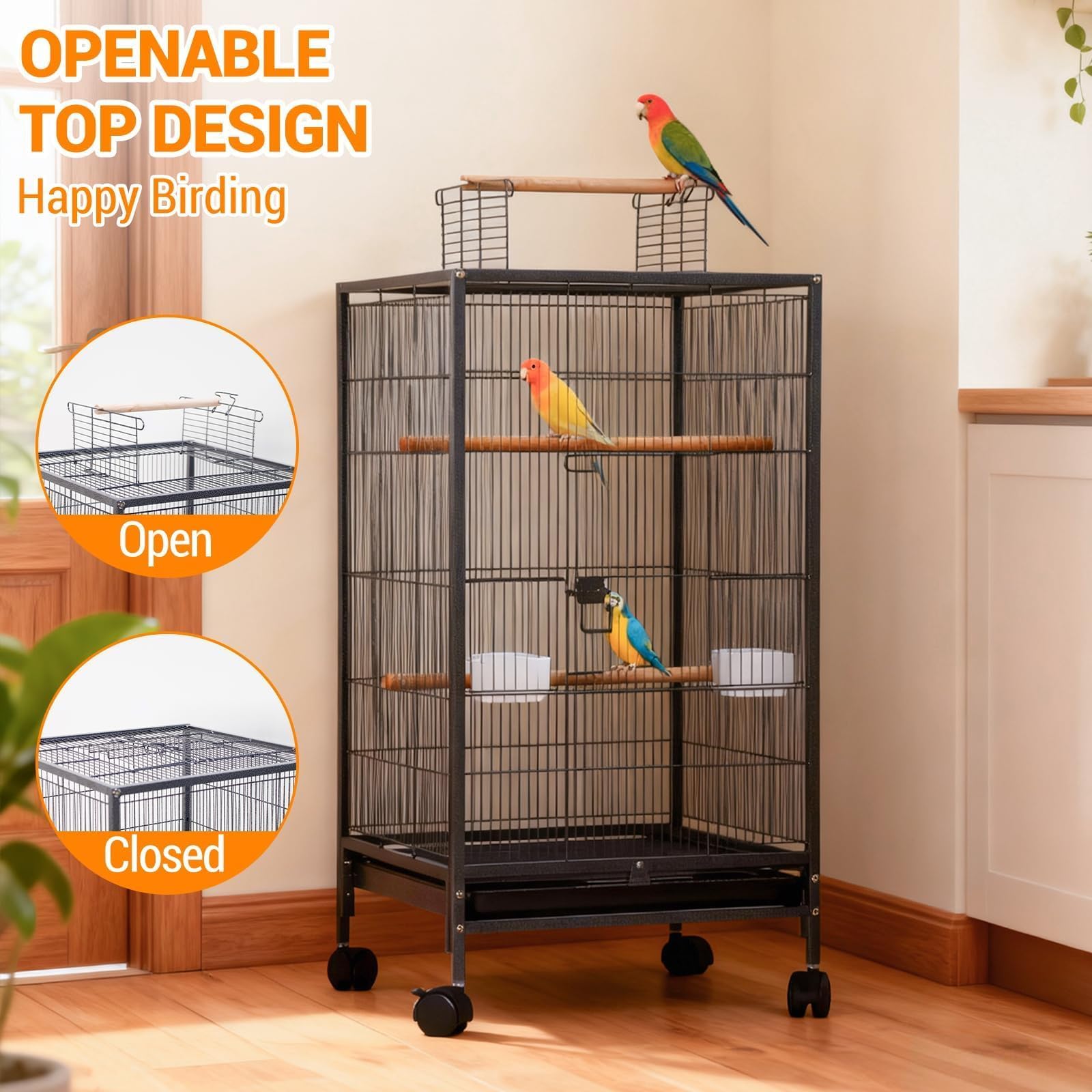 GarveeHome jaula con ruedas, vista lateral, facilita mover para limpieza o exterior.