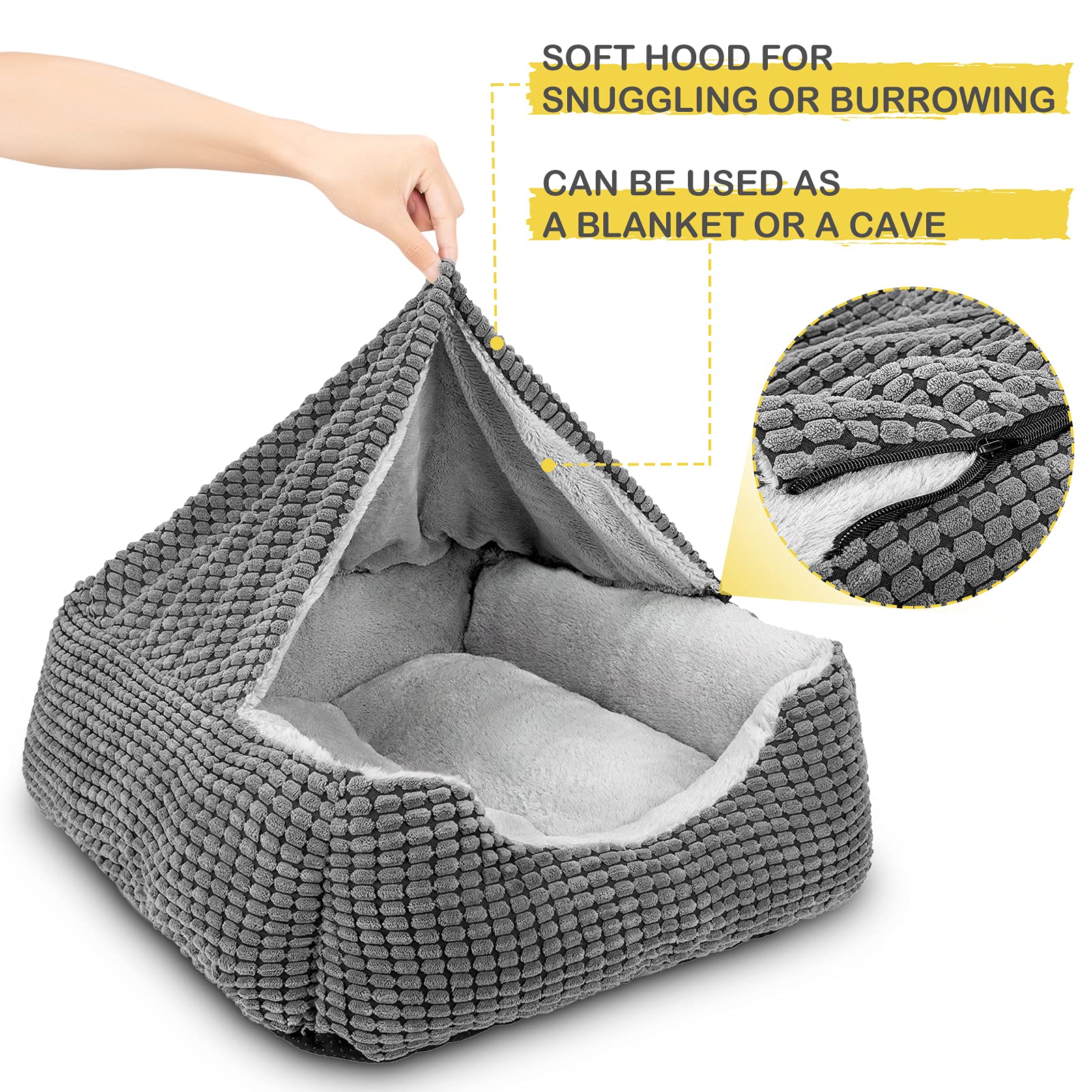 GASUR cama grande rectangular con capucha, ideal para perros que buscan seguridad y confort.