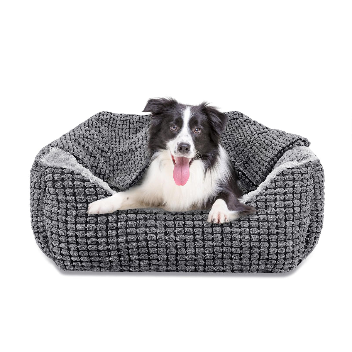 GASUR cama para perros rectangular con capucha gris, descanso cómodo y relajante.
