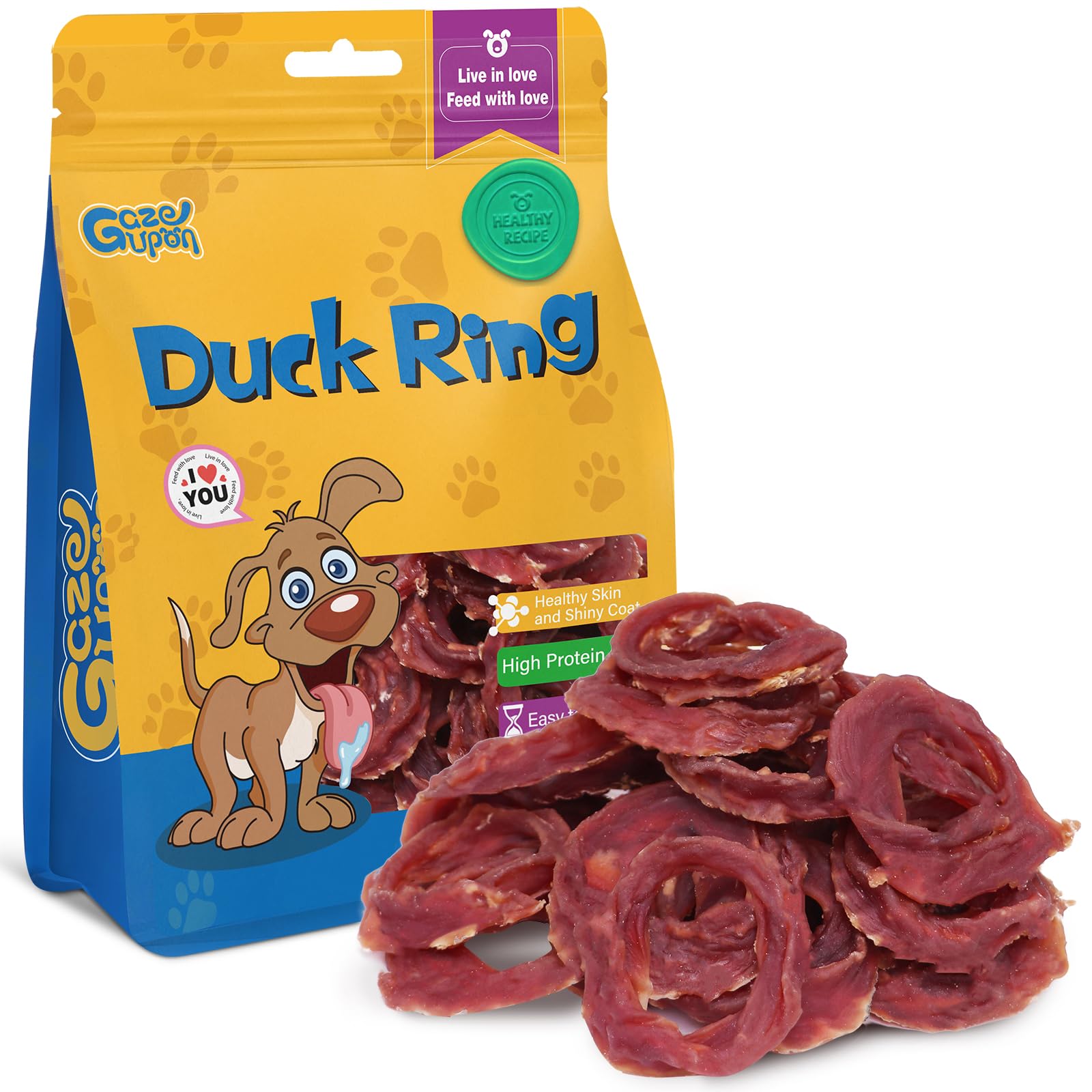 gazeupon anillos de pato deshidratado, premio proteico para perros activos.