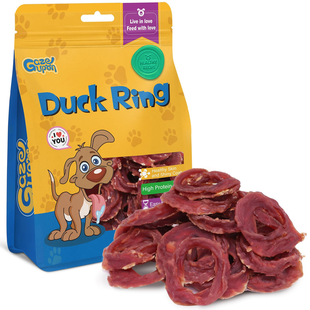 gazeupon anillos de pato deshidratado, premio proteico para perros activos.