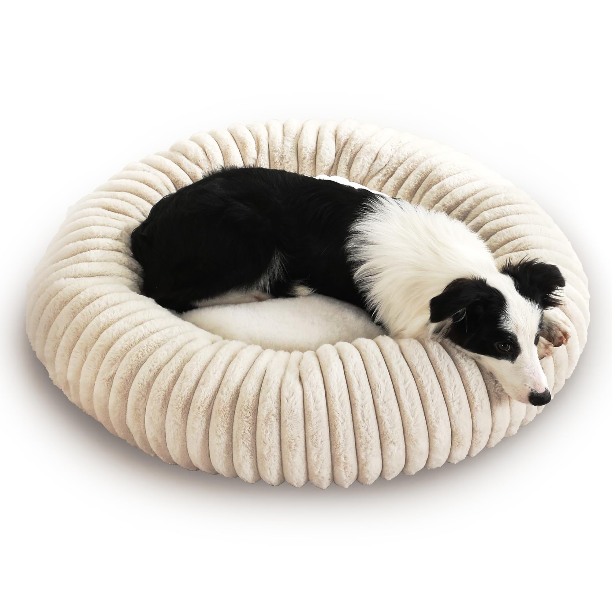 Cama dona de Generic con pelo liebre sintético y rayas, ideal para calma y sueño.